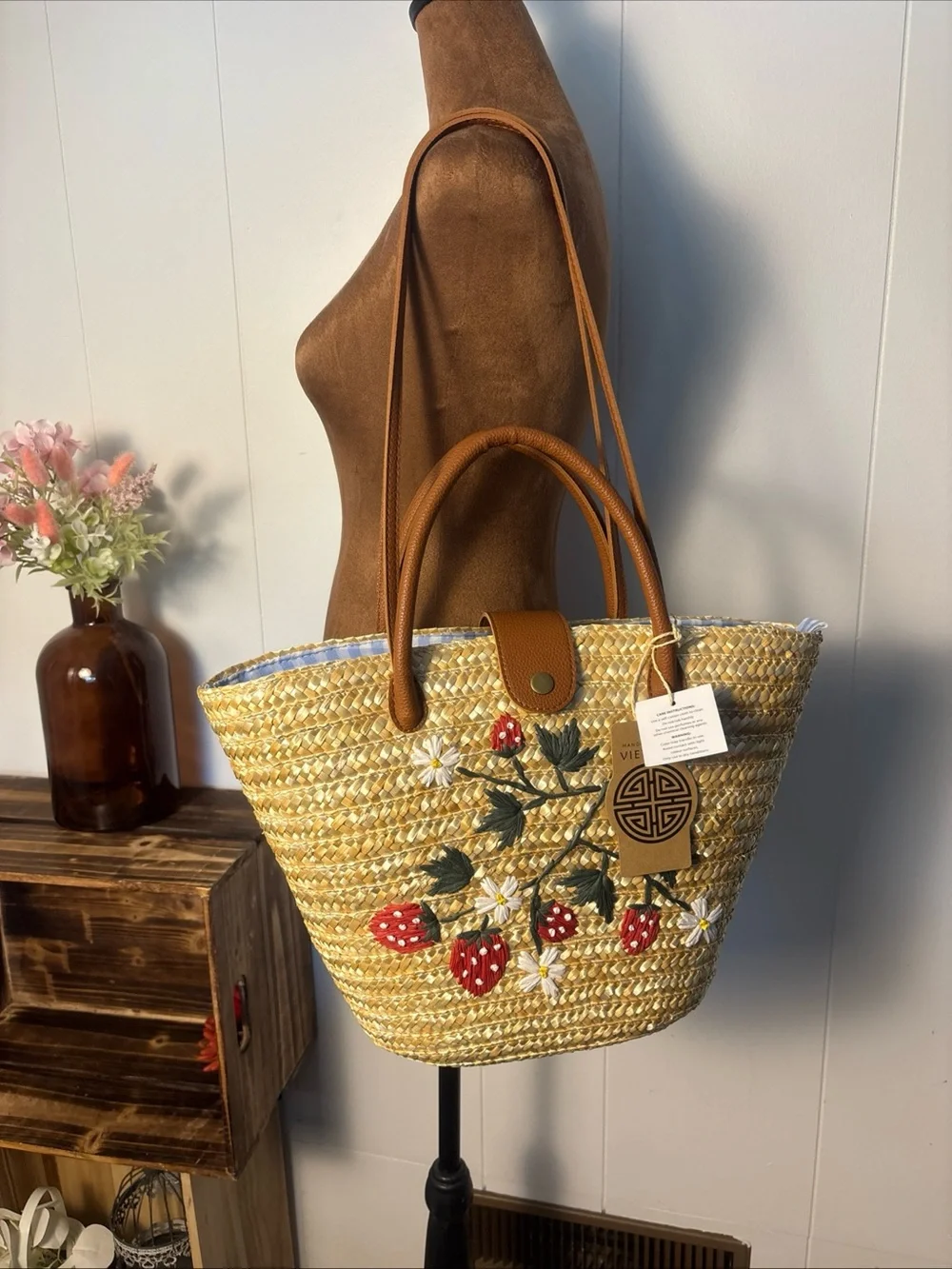 Source Unknown Straw Tote with Red Strawberry Embroidery and Tan Handles